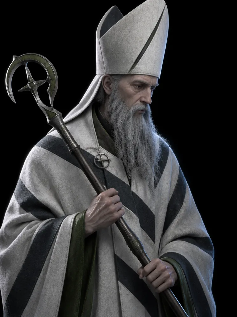 Bishop Anselm Grey, pria enam puluhan berjanggut abu panjang, tudung tinggi bercelah miring dan jubah marmer bergaris hitam diagonal, tongkat melintang di badannya.