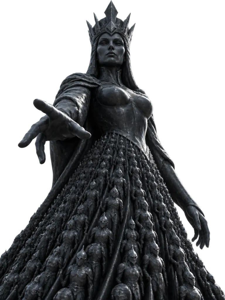 Queen Morvaine, patung batu tulis hitam setinggi istana, wajah tenang dan keras, tangan batu terulur, gaunnya tersusun dari ratusan prajurit hitam yang berbaris.
